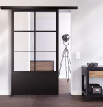 Ansicht von Schiebetür-Set Stahl Lofttür mit Sprossen 1-2 und Metalleinlage inkl. Schiebetürsystem Smart Line Soft - Lienbacher Glas